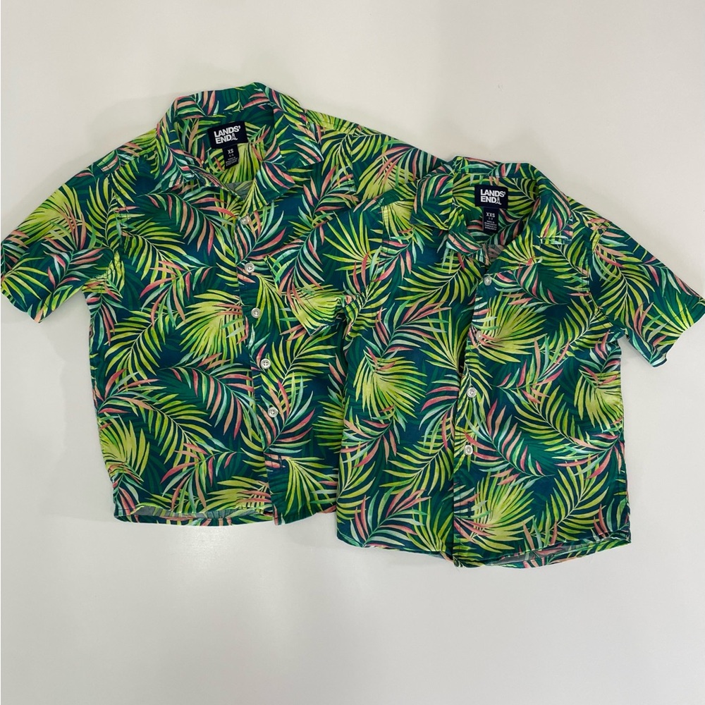Lands' End 2 Boys Green Tropical Palm Short Slv, ButtonUp Shirt, size XXS and XS - Picture 2 of 8